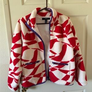 Forever 21 Red and White Fleece Jacket with Purple Trim